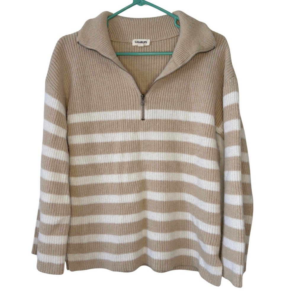 Sugarlips Beige and White Striped 1/4 Zip Sweater Size XS